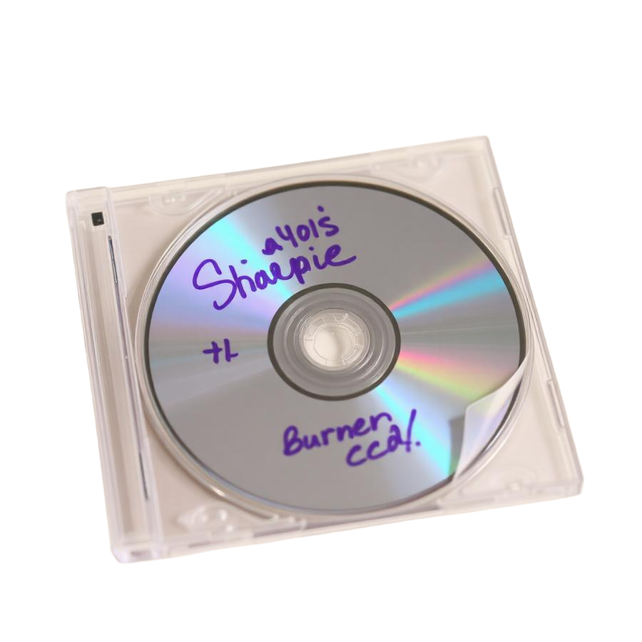 A Sharpie-labeled burned CD in a clear jewel case